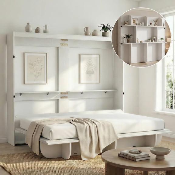 Mjkone Murphy Wall Bed Queen Size,Wall Bed with Shelves,Multifunctional Murphy Bed for Small Space/Bedroom/Guest Room,White