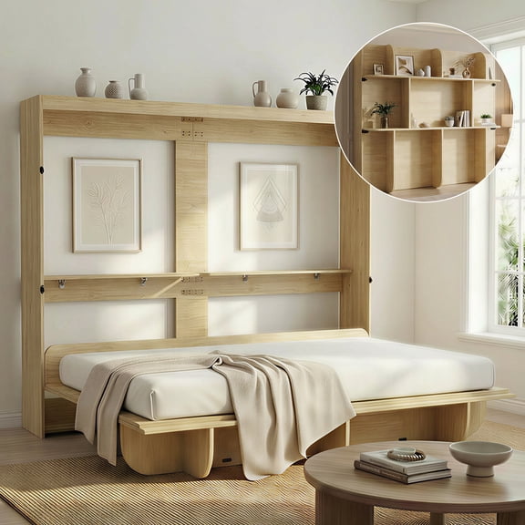 Mjkone Murphy Wall Bed Queen Size,Wall Bed with Shelves,Multifunctional Murphy Bed for Small Space/Bedroom/Guest Room,Wooden