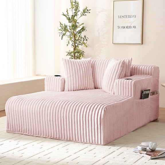 Mjkone Oversized Chaise Lounge Chair Indoor,Corduroy Upholstered Cloud Deep Seat Sofa,Sleeper Sofa for Living Room/Bedroom,Pink
