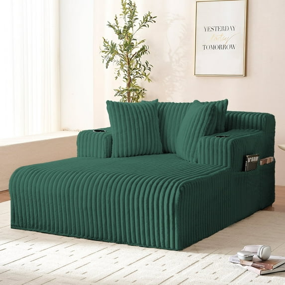 Mjkone Oversized Chaise Lounge Chair Indoor,Corduroy Upholstered Cloud Sleeper Sofa,Deep Seat Sofa for Living Room/Bedroom,Green