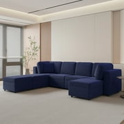 Mjkone Oversized U/L Shaped Sectional Sofa with Movable Ottoman, 7 Seats Modular Sectional Sofa with Chaise for Living Room,Navy Blue