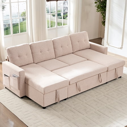 Mjkone Oversized U Shaped Sectional Sleeper Sofa Bed with Double Storage Chaise,Convertible Pull Out Couch Bed with Side Pocket for Living Room/Apartment,Beige