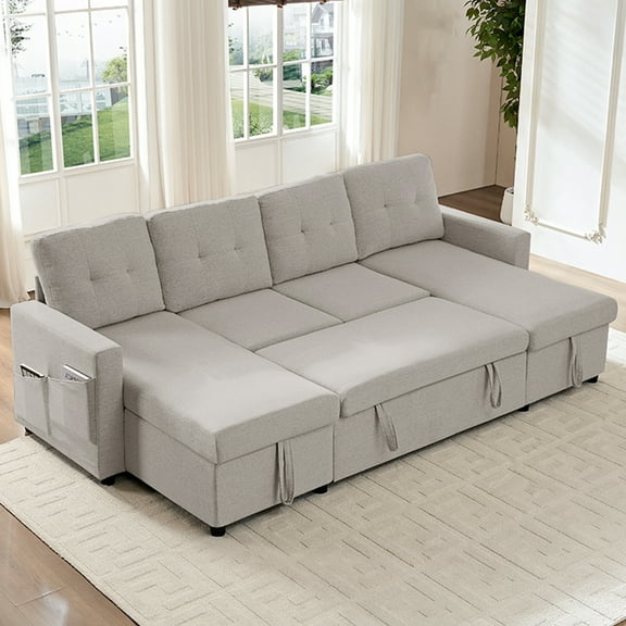 Mjkone Oversized U Shaped Sectional Sleeper Sofa Bed with Double Storage Chaise,Convertible Pull Out Couch Bed with Side Pocket for Living Room/Apartment,Light Grey