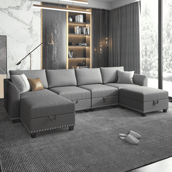 Mjkone Oversized U-Shaped Sectional Sofa Sleeper, 6 Seater Modular Sectional Sofa with Storage for Living Room,Light Gray