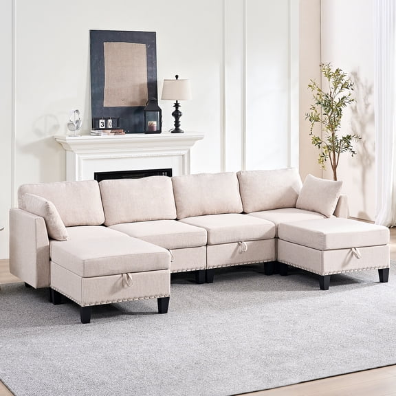Mjkone Oversized U Shaped Sectional Sofa with Storage, Linen 6 Seater Modular Sectional Sofa Sleeper for Living Room - Beige