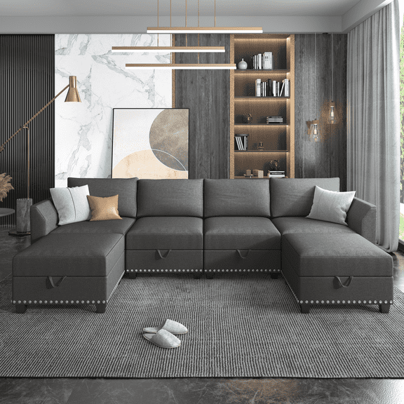 Mjkone Oversized U Shaped Sectional Sofa with Storage, Linen 6 Seater Modular Sectional Sofa Sleeper for Living Room - Dark Grey