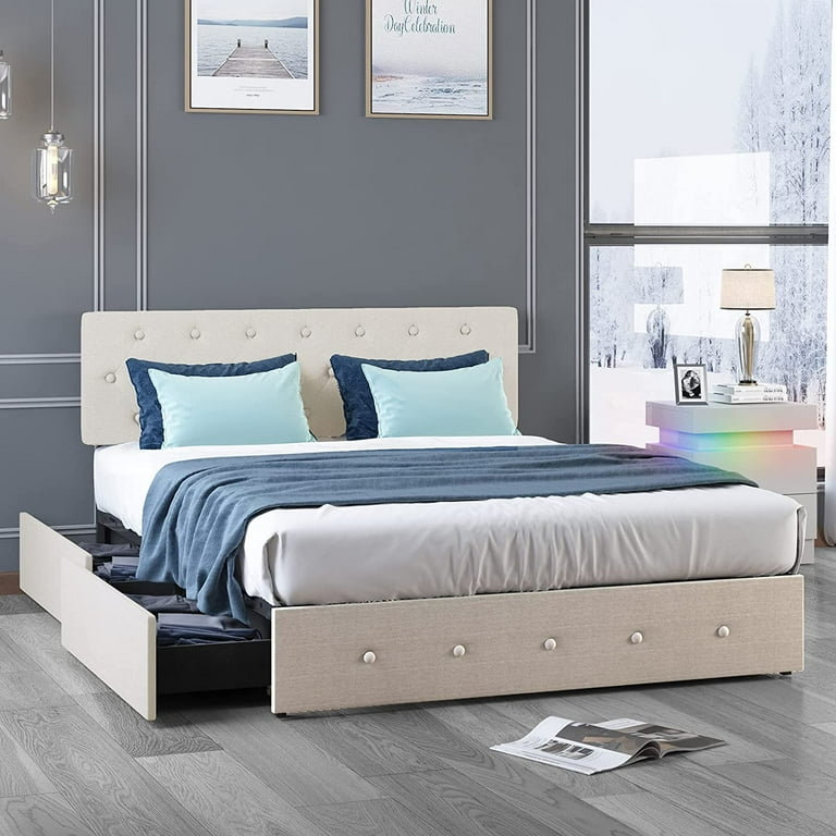 Mjkone Platform Bed Frame with 4 Storage Drawers Bed Frame Queen Size with Adjustable Headboard Button Tufted Design Wooden Slat Support No Box