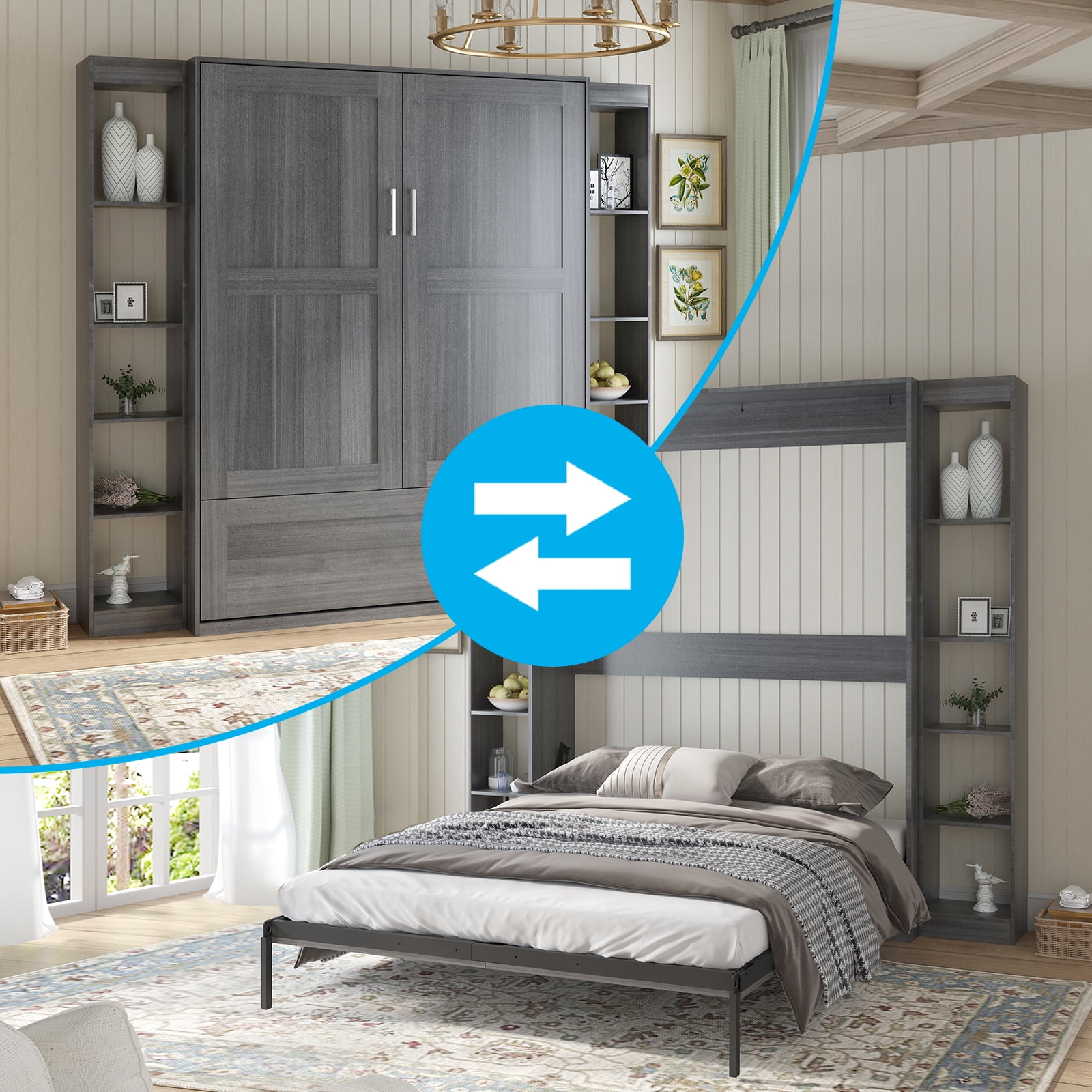 Mjkone Queen Murphy Bed with 2 Side Cabinet, Folding Wall Bed for ...