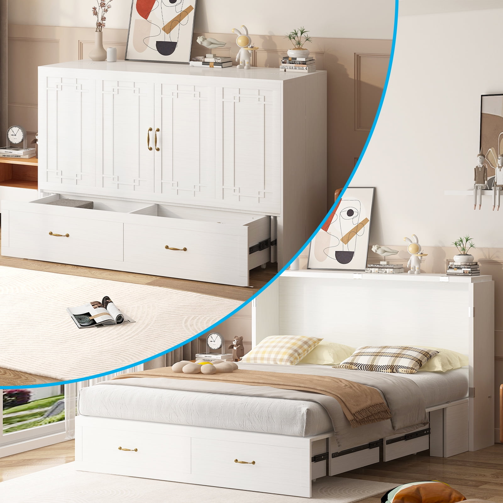Mjkone Queen Size Murphy Bed ,Murphy Bed Chest with USB/AC Charging Ports,Cabinet Bed with Storage Drawers,Solid Wood Pull Out Bed Cabinet with Mattress for Bedroom, Guest Room, Apartment,White