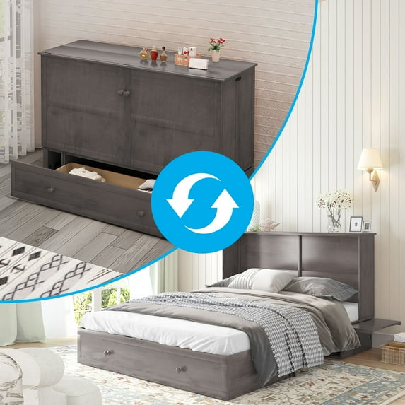 Mjkone Queen Murphy Bed Cube Cabinet, Poplar Wood Murphy Bed Chest Bed with Drawer, Foldable Cabinet Bed for Dorm Loft Corner or Small Space,Dark Grey