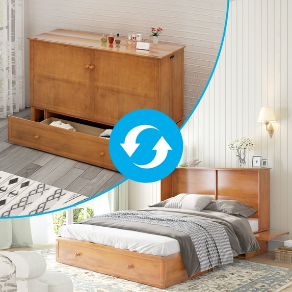 Mjkone Queen Murphy Bed Cube Cabinet, PoplarWood Murphy Bed Chest Bed with Drawer, Foldable Cabinet Bed for Dorm Loft Corner or Small Space,Cherry