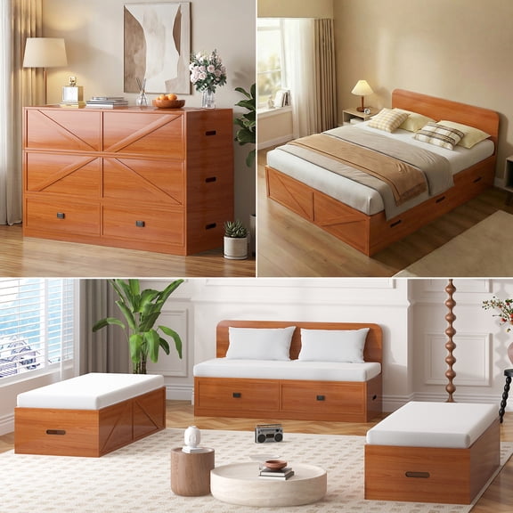 Mjkone Queen Murphy Bed with Mattress Included,Murphy Cabinet Bed with Storage Drawers,Multifunctional Cabinet Beds for Living Room/Bedroom,Cherry