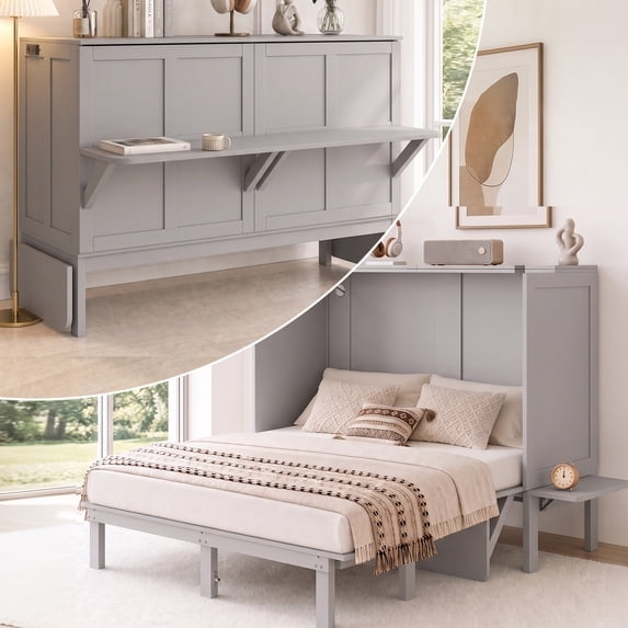 Mjkone Murphy Bed Queen with Desk,Space-Saving Cabinet Bed with Desk and Shelves,Multifunctional Murphy Bed with Mattress,Light Gray
