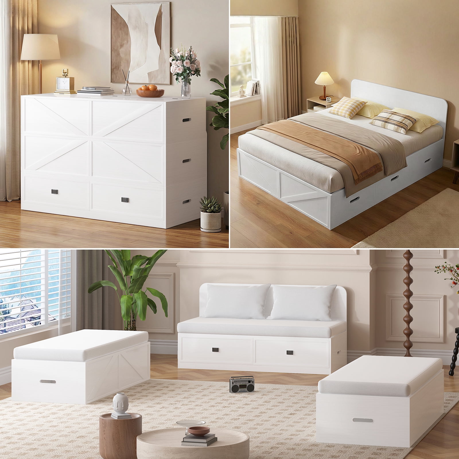 Mjkone Queen Murphy Bed with Mattress Included,Murphy Cabinet Bed with Storage Drawers,Multifunctional Cabinet Beds for Living Room/Bedroom,White