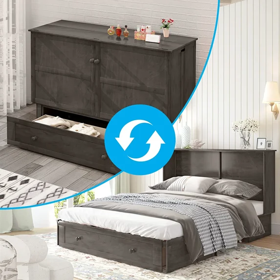 Mjkone Queen Size Cabinet Bed, Queen Size Murphy Cube Cabinet Chest Bed with USB Charging Station& Large Drawers&3 Level Folding Foam Mattress for Living Room/Apartment/Loft (Gray,Poplar)