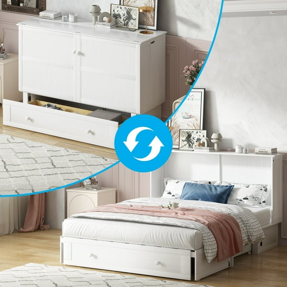Mjkone Queen Size Cabinet Bed, Queen Size Murphy Cube Cabinet Chest Bed with USB Charging Station& Large Drawers&3 Level Folding Foam Mattress for Living Room/Apartment/Loft, White
