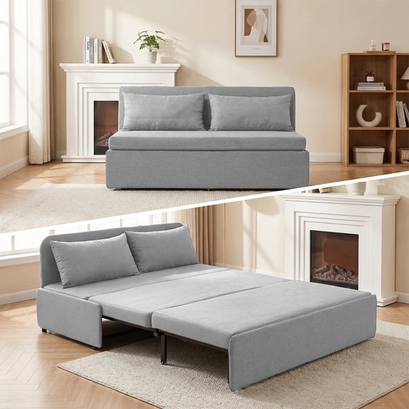 Mjkone Convertible Sofa Bed Queen Size,Linen Pull Out Sofa Bed with Cushions&Throw Pillows,Revesible Sleeper Couch for Apartment/Small Spaces,Light Gray