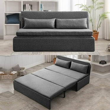 Mjkone Queen Size Convertible Sofa Bed, Modern Pull Out Linen Sleeper Sofa Couch, Revesible Couch Bed with Cushions&Throw Pillows for Small Place/Apartment/Living Room/Office/Studio (Dark Gray)