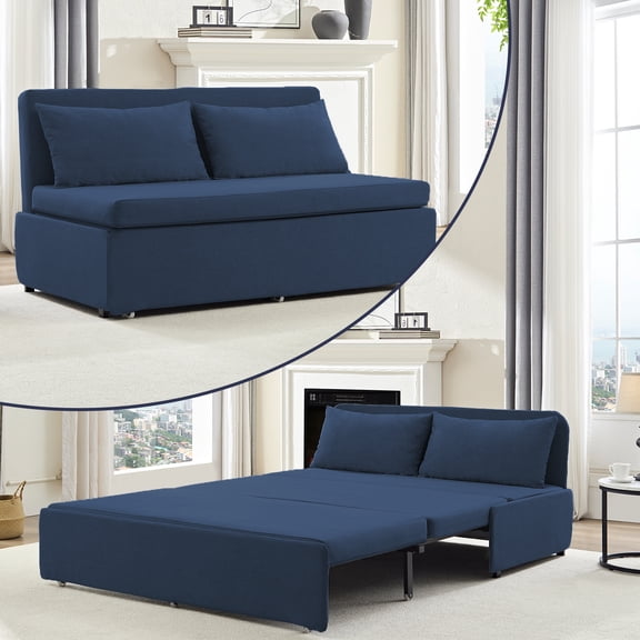 Mjkone Queen Size Convertible Sofa Bed, Modern Pull Out Linen Sleeper Sofa Couch, Revesible Couch Bed with Cushions&Throw Pillows for Small Place/Apartment/Living Room/Office/Studio (Navy Blue)
