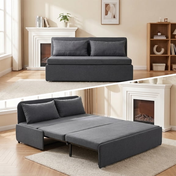 Mjkone Convertible Sofa Bed Queen Size,Linen Pull Out Sofa Bed with Cushions&Throw Pillows,Revesible Sleeper Couch for Apartment/Small Spaces,Dark Gray