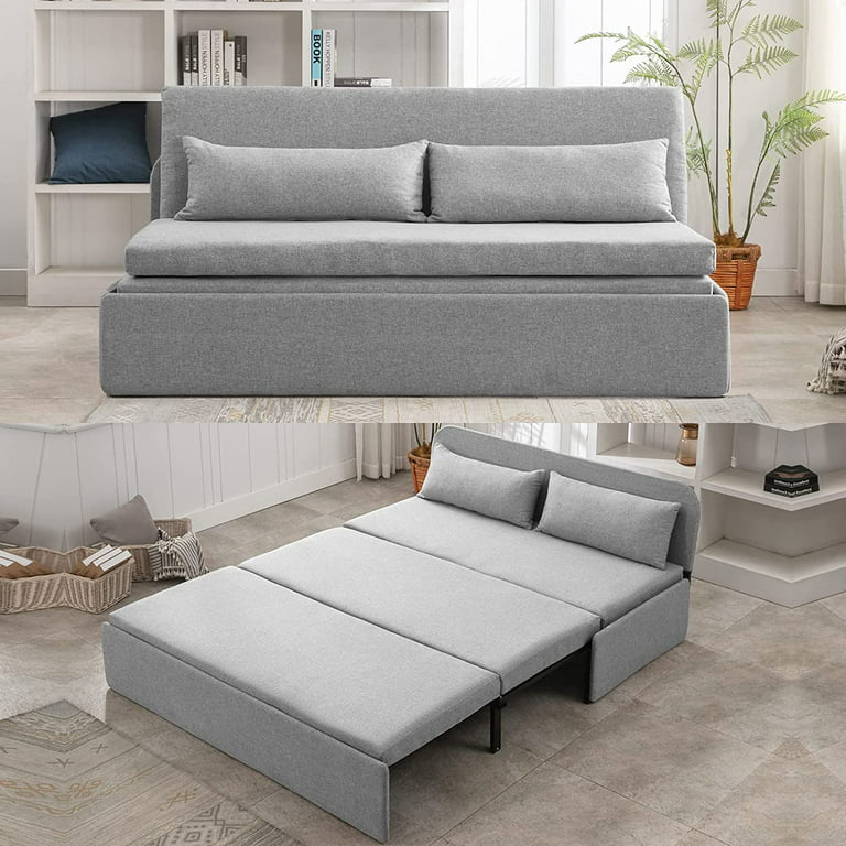 Mjkone Queen Size Convertible Sofa Bed, Modern Pull Out Linen Sleeper Sofa  Couch, Revesible Couch Bed with Cushions&Throw Pillows for Small