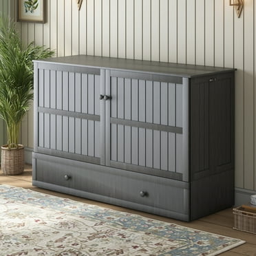 Mjkone Queen Murphy Bed Cabinet with Built-in 3 Charging Station and Storage Drawers,Murphy Cube Chest Bed with Foam Mattress,Grey