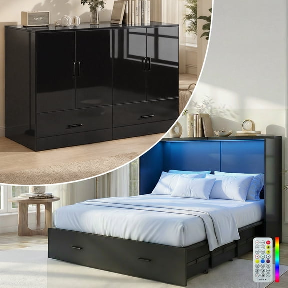 Mjkone Queen Size Murphy Bed with LED Light,Murphy Cabinet Bed with Folding Mattress,Convertible Cabinet Bed for Small Space,Black