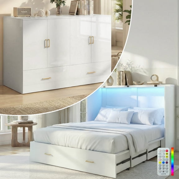 Mjkone Queen Size Murphy Bed with LED Light,Murphy Cabinet Bed with Folding Mattress,Convertible Cabinet Bed for Small Space,White