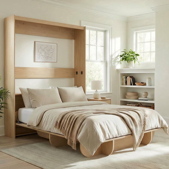 Mjkone Queen Size Murphy Wall Bed,Multifunctional Wall Bed with Shelves,Murphy Bed for Small Space/Bedroom/Guest Room,Wooden