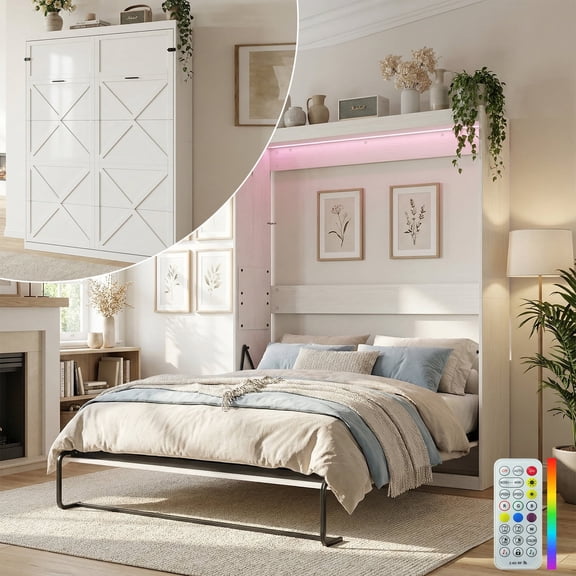 Mjkone Queen Size Murphy Wall Bed with 2 LED Lights,Convertible Wall Bed into a Cabinet for Living Room/Bedroom/Guest Room,White