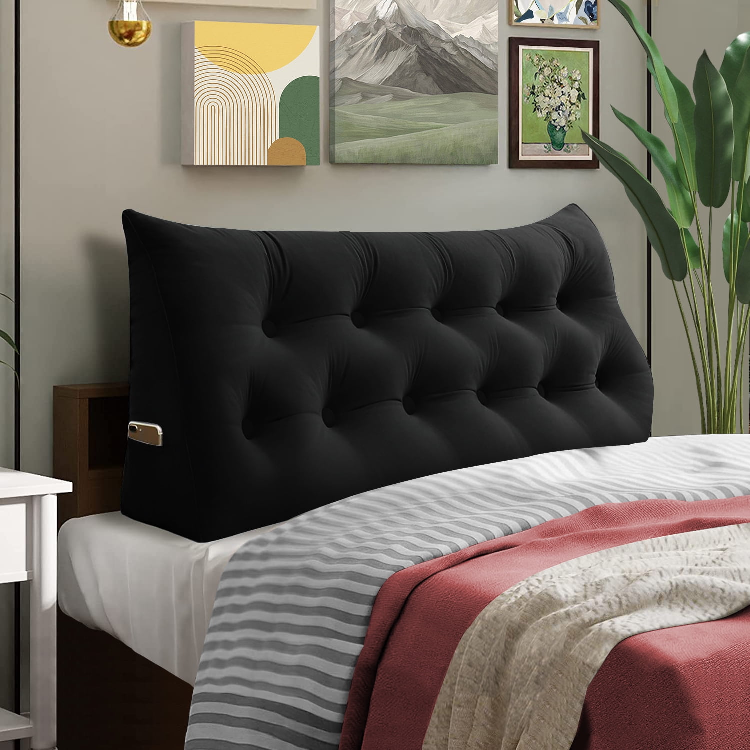 Mjkone Reading Pillow Bed Wedge with Side Pockets, Velvet Bolster