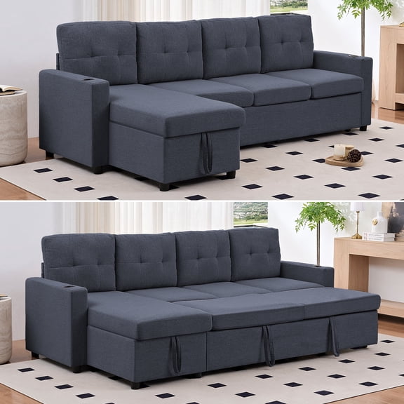 Mjkone Sectional Sleeper Sofa with Reversible Storage Chaise,Linen Pull Out Couch Bed, L-Shaped Sectional Couches for Living Room,Dark Gray