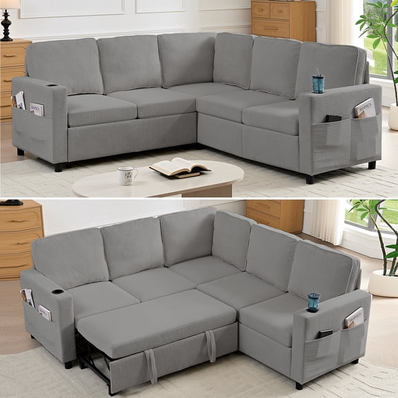 Mjkone Sectional Sleeper Sofa with Pull Out Bed,L-Shaped Sectional Sofa with Storage,Plush Corduroy Sectional Couches for Living Room,Gray