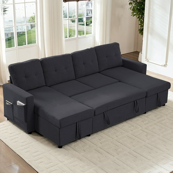 Mjkone Sleeper Sectional Sofa Bed with Double Storage Chaise,Linen U-Shaped Sofa with Pull Out Couch Bed - Dark Grey