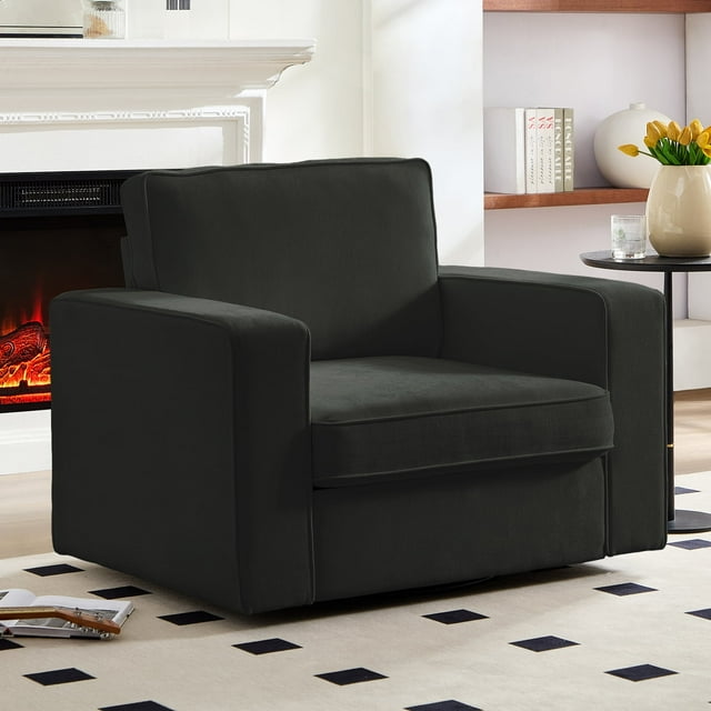 Mjkone Swivel Accent Chair, Linen Fabric Oversized Armchair, Modern Round Accent Chairs for Living Room, Bedroom & Small Spaces, Dark Grey