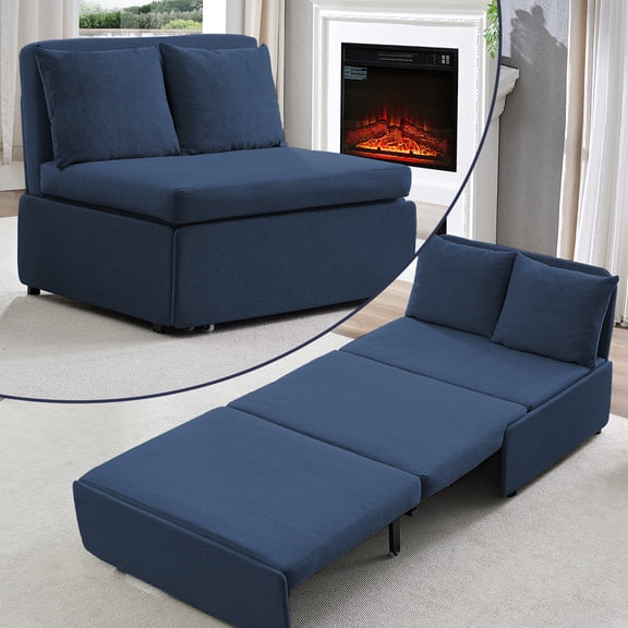 Mjkone Twin Size Convertible Sofa Bed, Modern Pull Out Linen Sleeper Sofa Couch, Revesible Couch Bed with Cushions&Throw Pillows for Small Place/Apartment/Living Room/Office/Studio(Navy Blue)