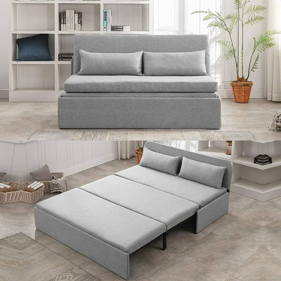 Mjkone Twin Size Convertible Sofa Bed, Modern Pull Out Linen Sleeper Sofa Couch, Revesible Couch Bed with Cushions&Throw Pillows for Small Place/Apartment/Living Room/Office/Studio(Light Gray)