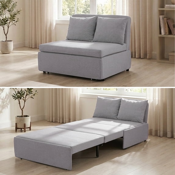 Mjkone Convertible Sofa Bed Twin Size,Linen Pull Out Sofa Bed with Cushions&Throw Pillows,Revesible Sleeper Couch for Apartment/Small Spaces,Light Gray