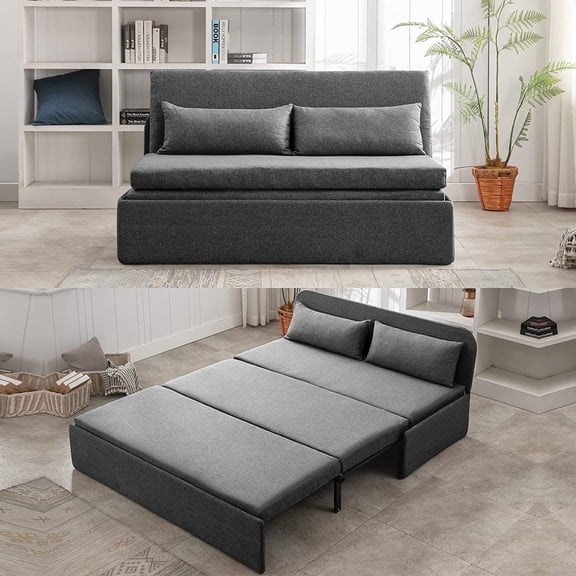 Mjkone Convertible Sofa Bed Twin Size,Linen Pull Out Sofa Bed with Cushions&Throw Pillows,Revesible Sleeper Couch for Apartment/Small Spaces,Dark Gray