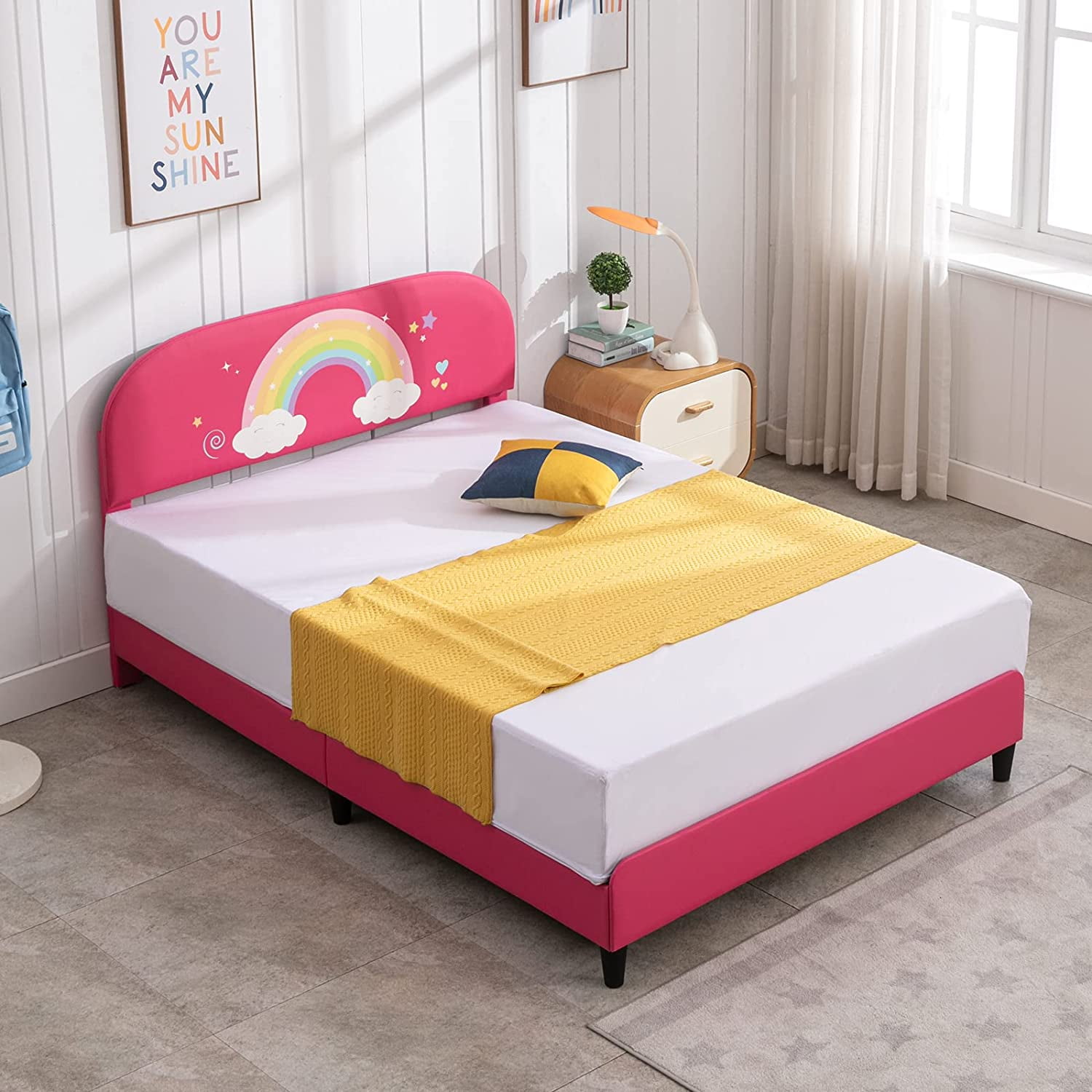 Mjkone Twin Size Kids Beds Pink Toddler Bed with Curved Rainbow Design