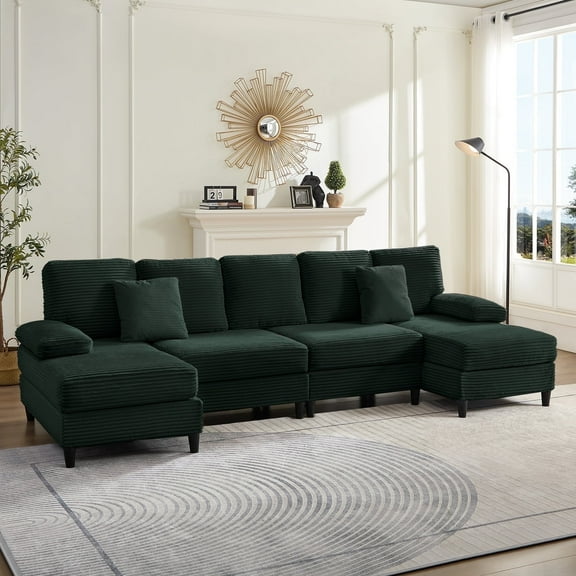 Mjkone U-Shaped Sectional Sofa, 4 Seats Corduroy Couch with Double Chaise for Living Room - Green
