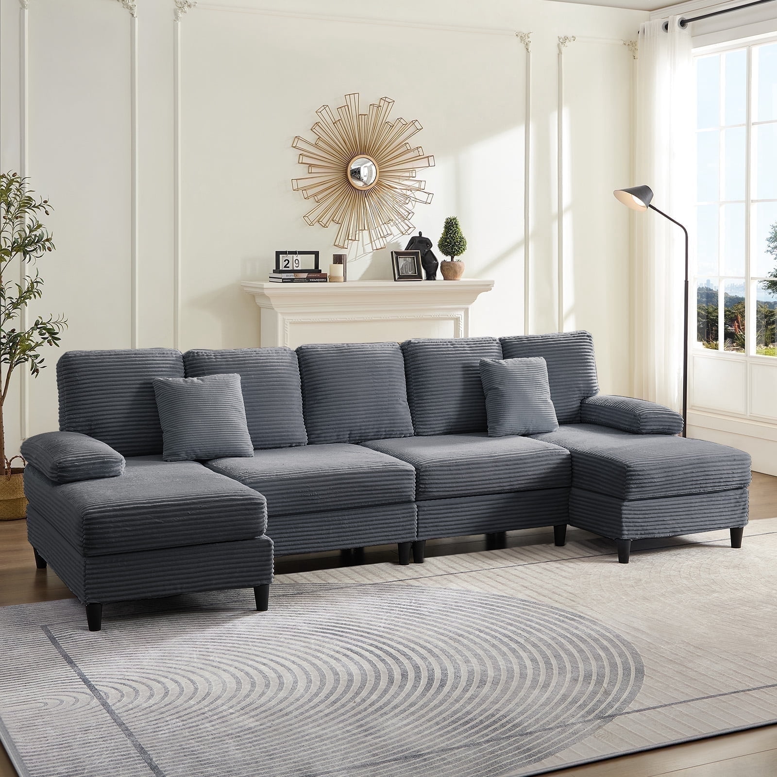 Mjkone U-Shaped Sectional Sofa, 4 Seats Corduroy Couch with Double Comfy Chaise for Living Room - Dark Gray
