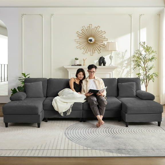 Mjkone U-Shaped Sectional Sofa, Corduroy 4 Seats Couch with Double Chaise for Living Room,Dark Gray