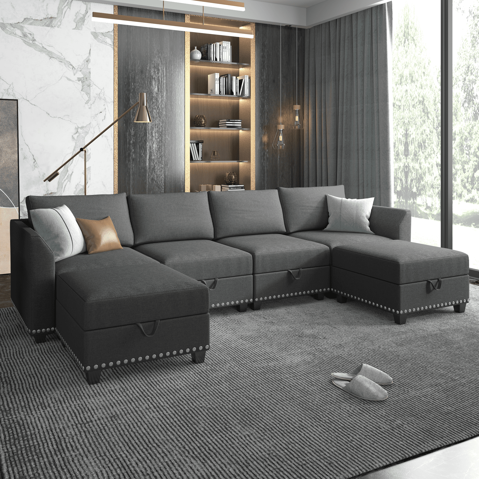 Mjkone U Shaped 6 Seater Modular Sleeper Sofa Couch Bed with Storage for Living Room (Dark Grey)