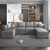 Mjkone Oversized U Shaped Sectional Sofa with Storage, Linen 6 Seater Modular Sectional Sofa Sleeper for Living Room - Light Grey