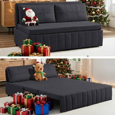 Mjkone 3-in-1 Convertible Sleeper Sofa Bed, 63"Pull Out Bed for Apartment/Small Space, Upholstered Futon Sofa Bed, Grey