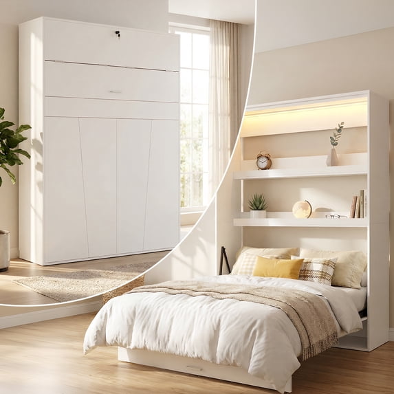 Mjkone Wall Murphy Bed Queen with LED Light,Convertible Wall Bed with Shelves,Space-Saving Hidden Bedframe for Guest Room, Bedroom,Glossy White