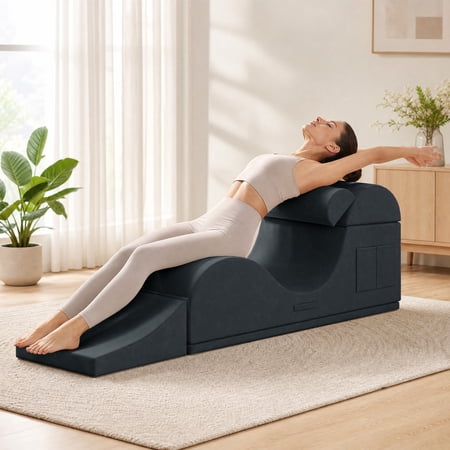 Mjkone Convertible Yoga Chair for Adults,Velvet Yoga Chaise Lounge with Lumbar Pillow,Ergonomic Foam Lounge with Side Pocket,Black