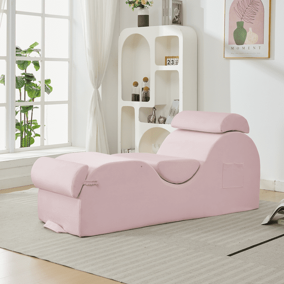 Mjkone Yoga Chair, Velvet Yoga Chaise Lounge for Adults with Carrying Handle, Oversized Yoga Sofa with 3 Headrests and Side Pocket,Pink