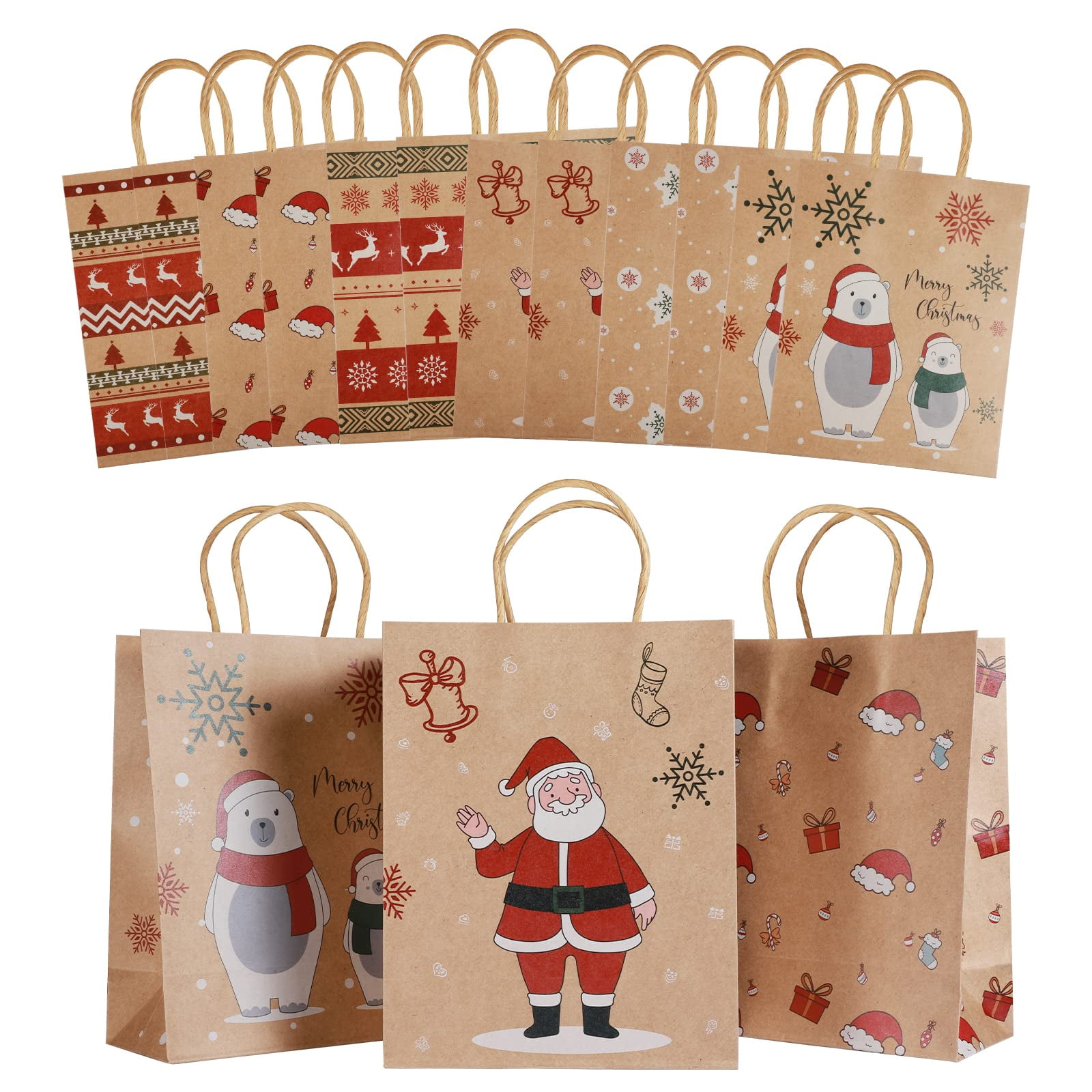 24 Pack Christmas Gift Bags - 6 Designs, with Handles